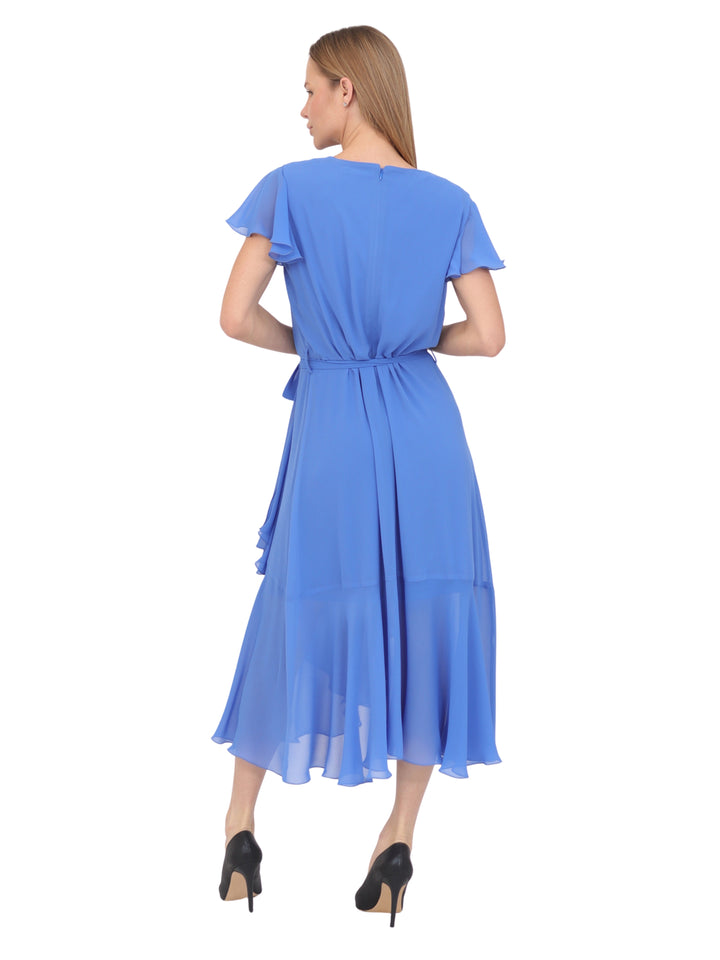 Vestido  Cuello V, Cruzado, Asimétrico, Con Amarre en la Cintura , Liso