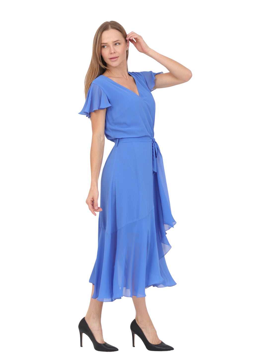 Vestido  Cuello V, Cruzado, Asimétrico, Con Amarre en la Cintura , Liso