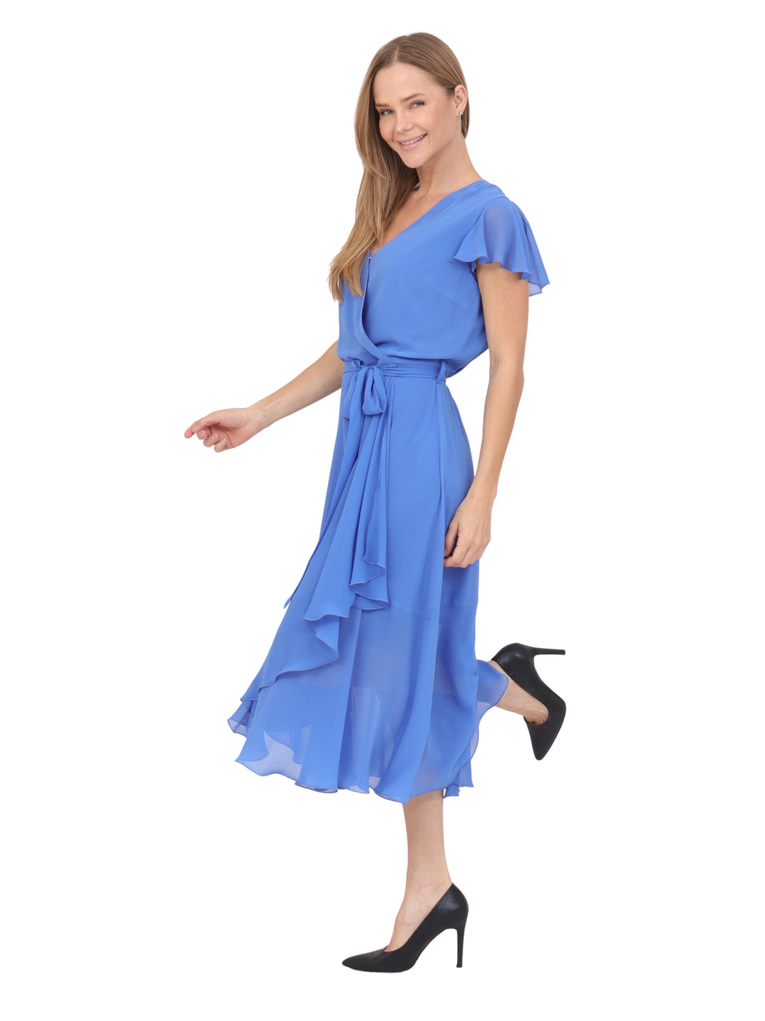 Vestido  Cuello V, Cruzado, Asimétrico, Con Amarre en la Cintura , Liso