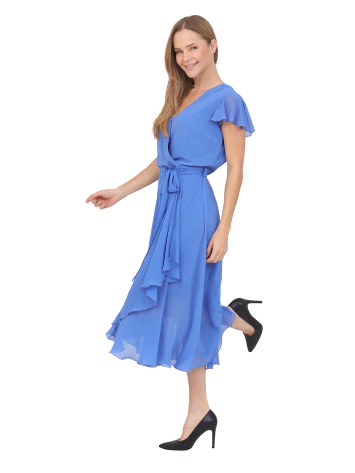 Vestido  Cuello V, Cruzado, Asimétrico, Con Amarre en la Cintura , Liso