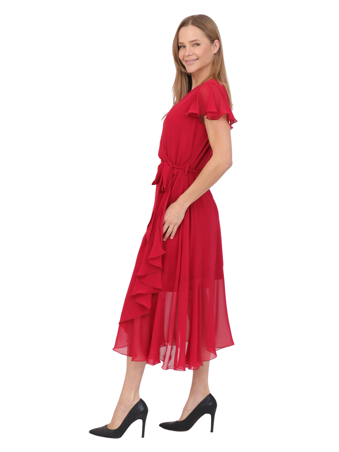 Vestido  Cuello V, Cruzado, Asimétrico, Con Amarre en la Cintura , Liso