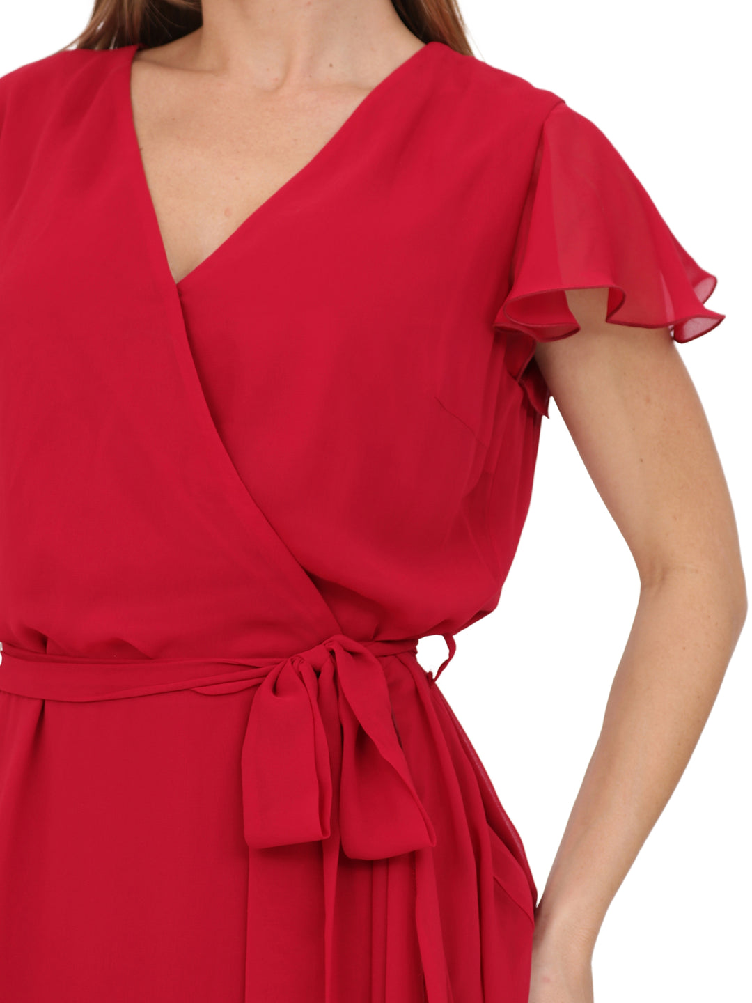 Vestido  Cuello V, Cruzado, Asimétrico, Con Amarre en la Cintura , Liso