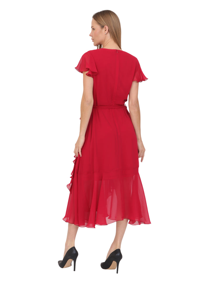 Vestido  Cuello V, Cruzado, Asimétrico, Con Amarre en la Cintura , Liso