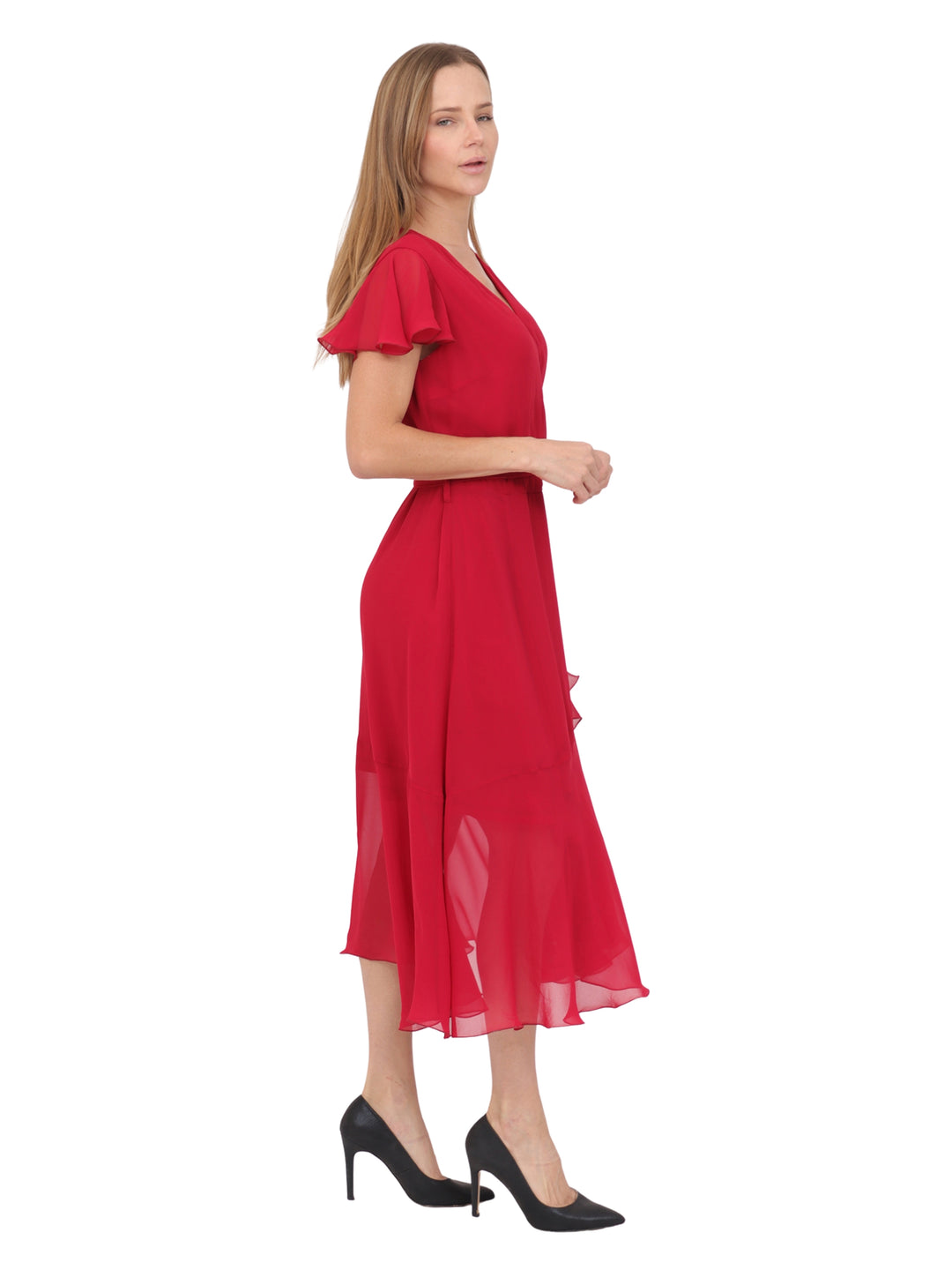 Vestido  Cuello V, Cruzado, Asimétrico, Con Amarre en la Cintura , Liso