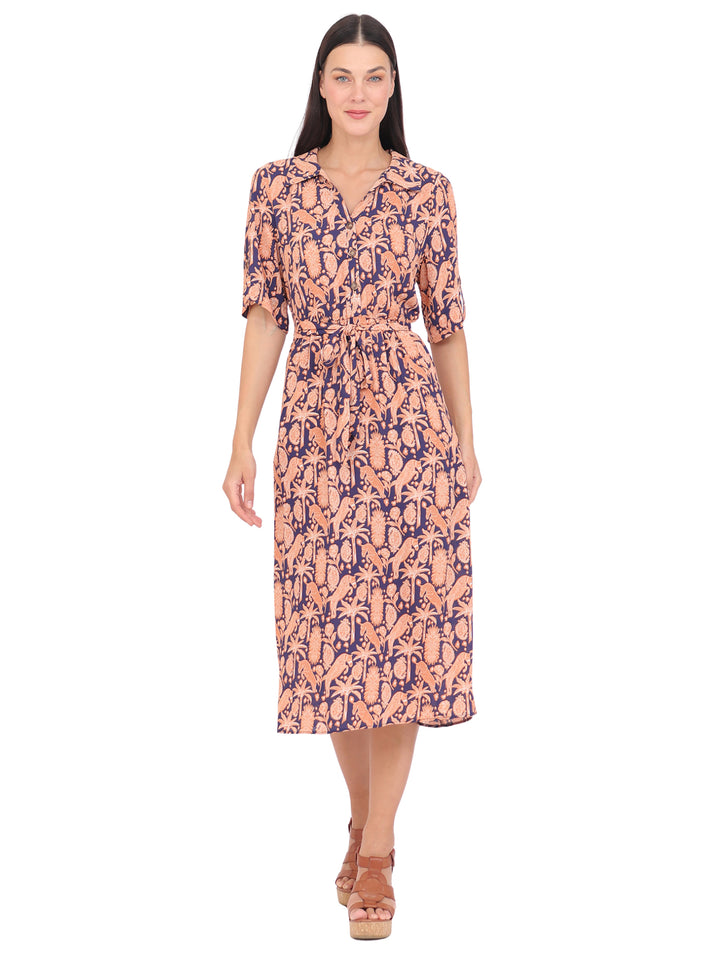 Vestido  Cuello Camisero, Manga 3/4, Recto,Botones al Frente, Estampado