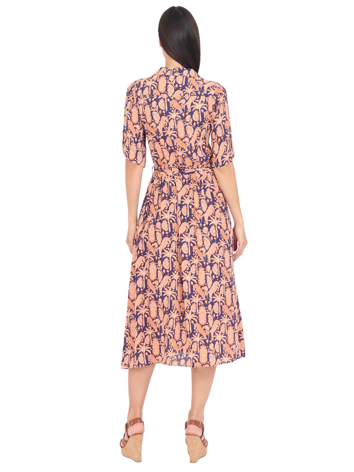 Vestido  Cuello Camisero, Manga 3/4, Recto,Botones al Frente, Estampado