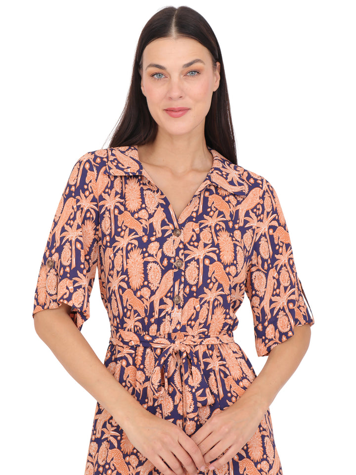 Vestido  Cuello Camisero, Manga 3/4, Recto,Botones al Frente, Estampado