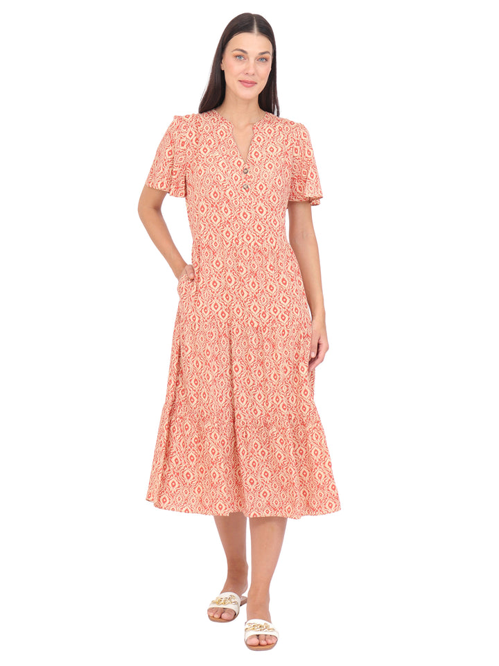 Vestido  Cuello V, Manga Corta, Recto,Botones al Frente, Estampado