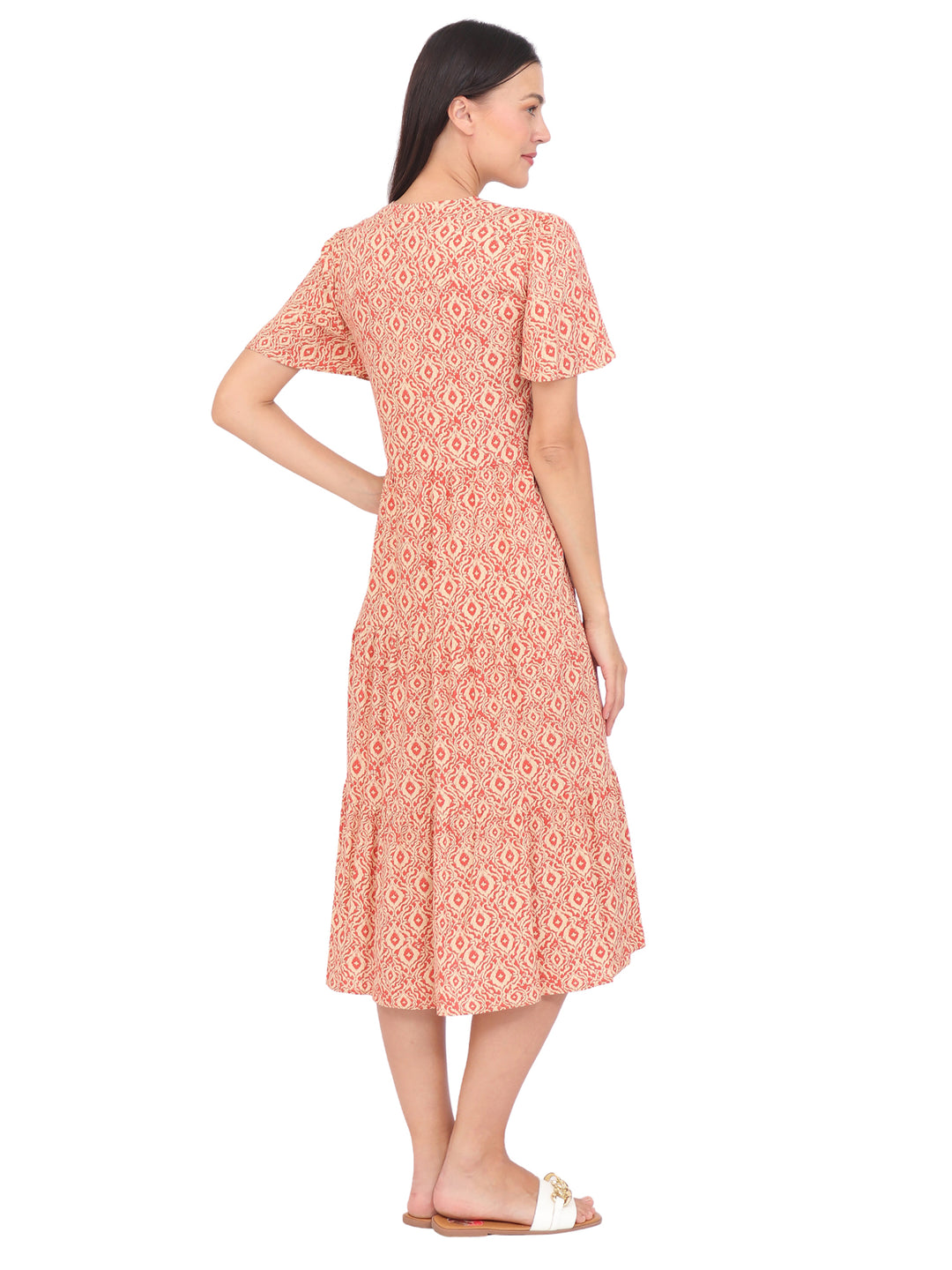 Vestido  Cuello V, Manga Corta, Recto,Botones al Frente, Estampado