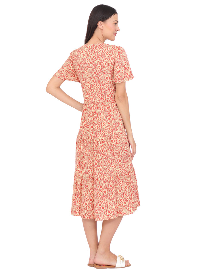 Vestido  Cuello V, Manga Corta, Recto,Botones al Frente, Estampado