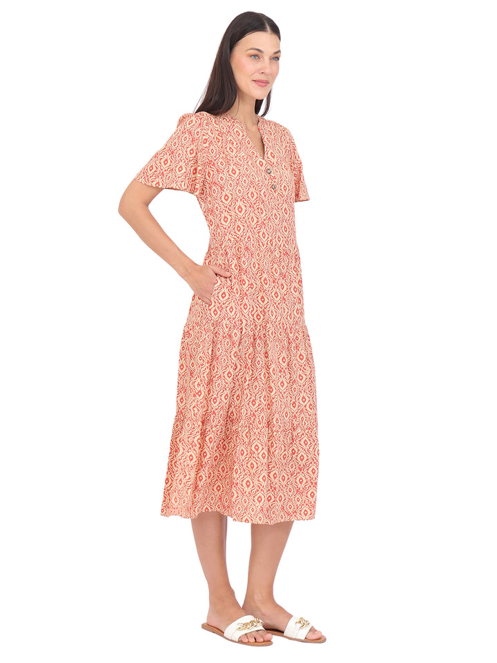 Vestido  Cuello V, Manga Corta, Recto,Botones al Frente, Estampado