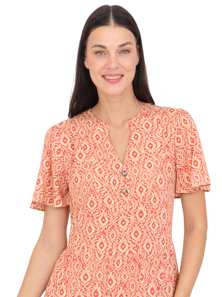 Vestido  Cuello V, Manga Corta, Recto,Botones al Frente, Estampado