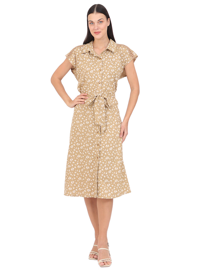 Vestido  Cuello Camisero, Manga Corta, Recto, Estampado