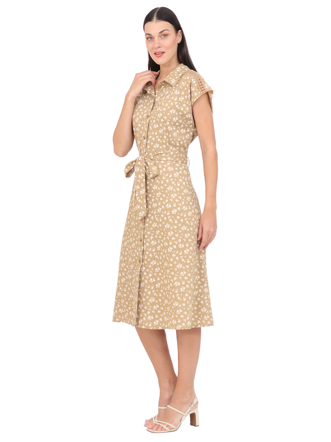 Vestido  Cuello Camisero, Manga Corta, Recto, Estampado