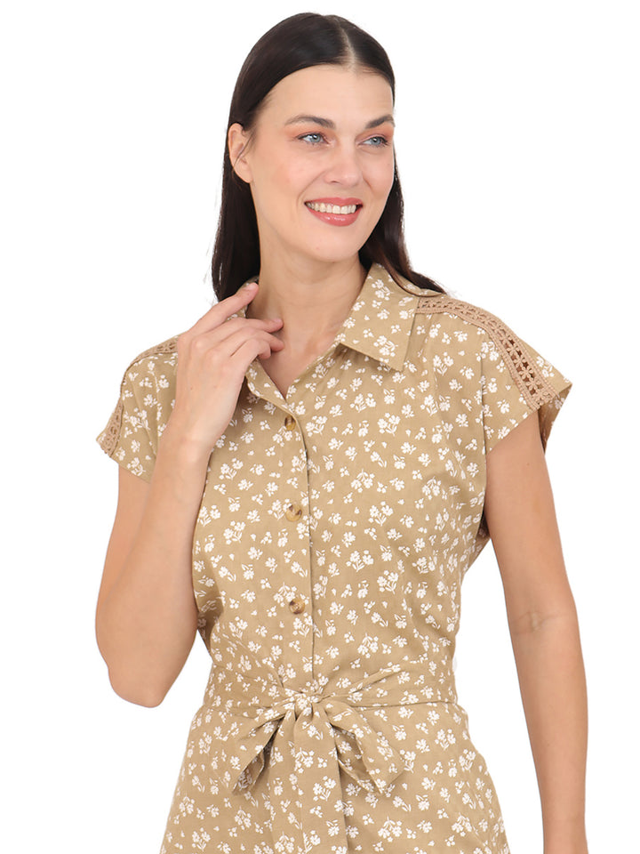 Vestido  Cuello Camisero, Manga Corta, Recto, Estampado