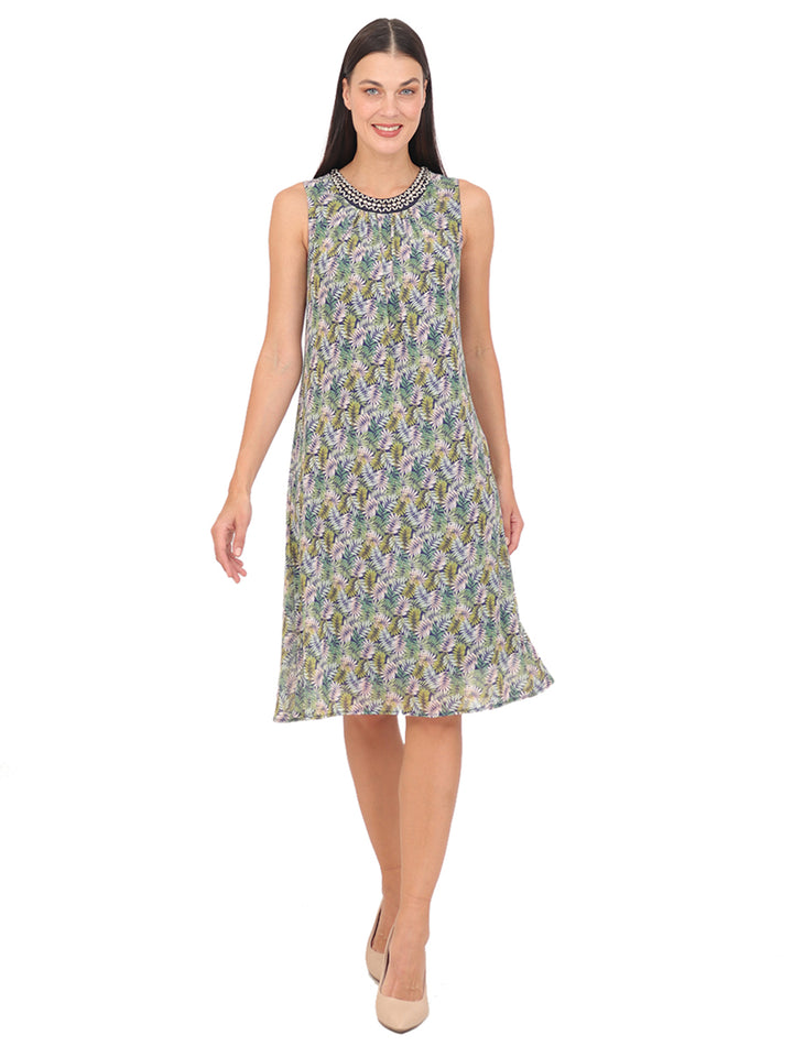 Vestido  Cuello Redondo con Aplicación, Sin Manga,Estampado