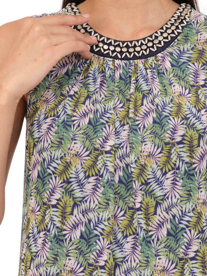 Vestido  Cuello Redondo con Aplicación, Sin Manga,Estampado