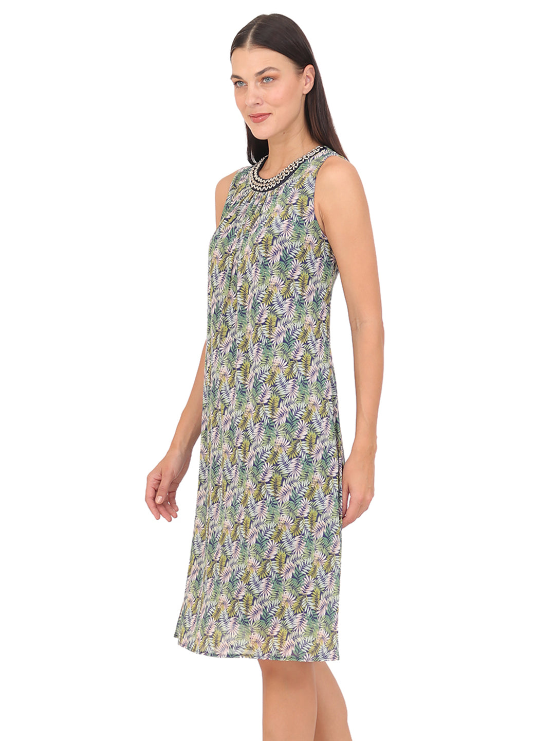 Vestido  Cuello Redondo con Aplicación, Sin Manga,Estampado