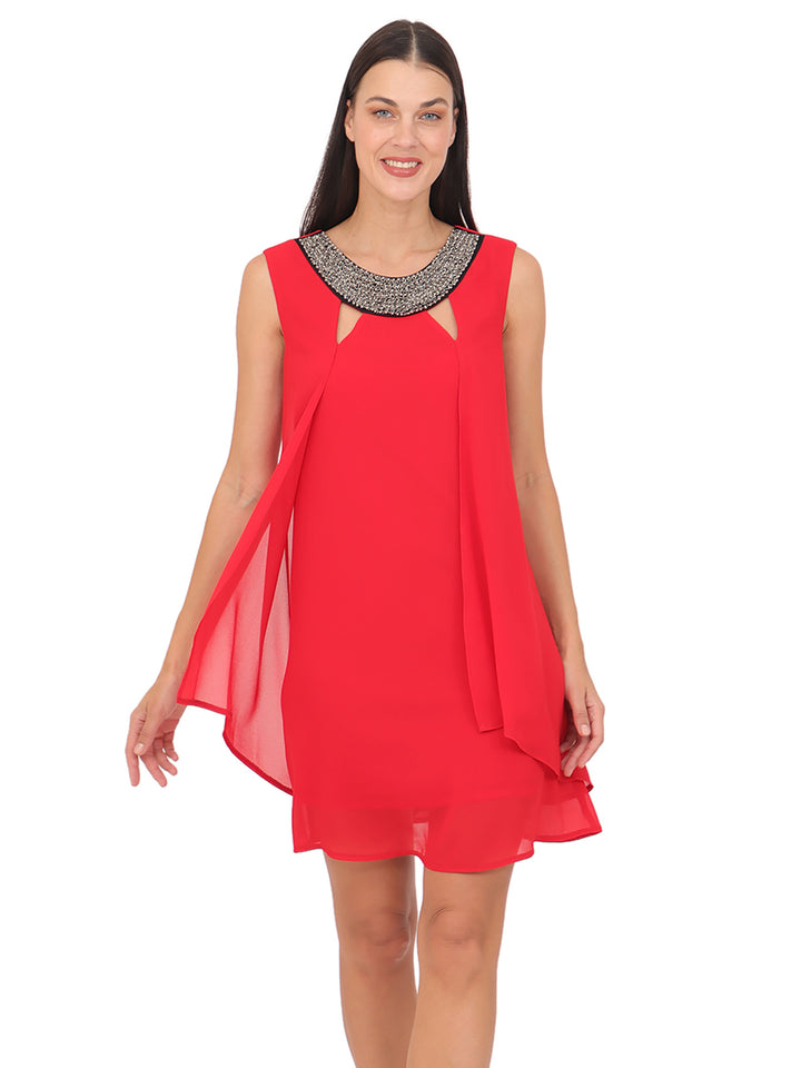 Vestido  Cuello Redondo con Aplicación, Sin Manga