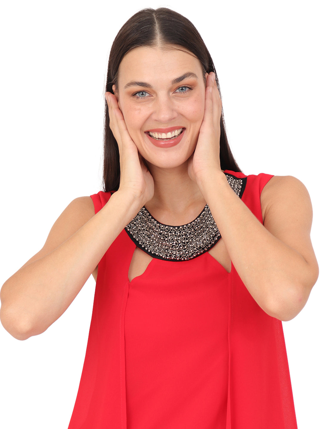 Vestido  Cuello Redondo con Aplicación, Sin Manga