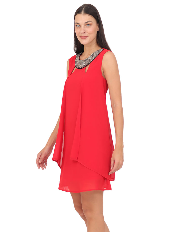 Vestido  Cuello Redondo con Aplicación, Sin Manga