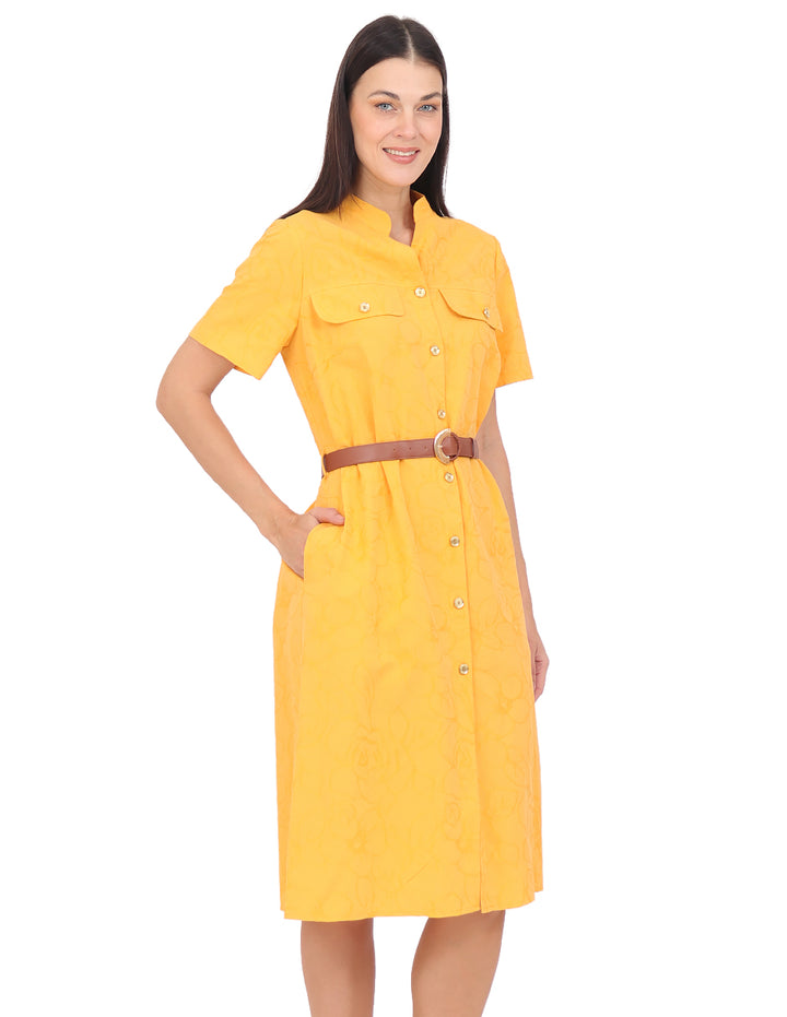 Vestido  Cuello V, Manga Corta, Liso, Botones al Frente