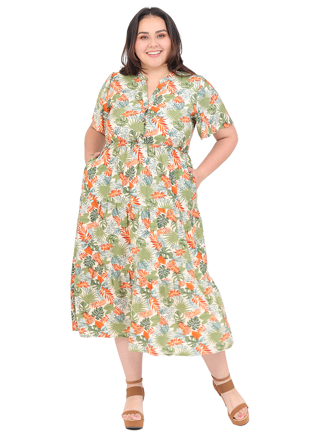 Vestido Curvy Carilo, Cuello en V,  Manga Corta