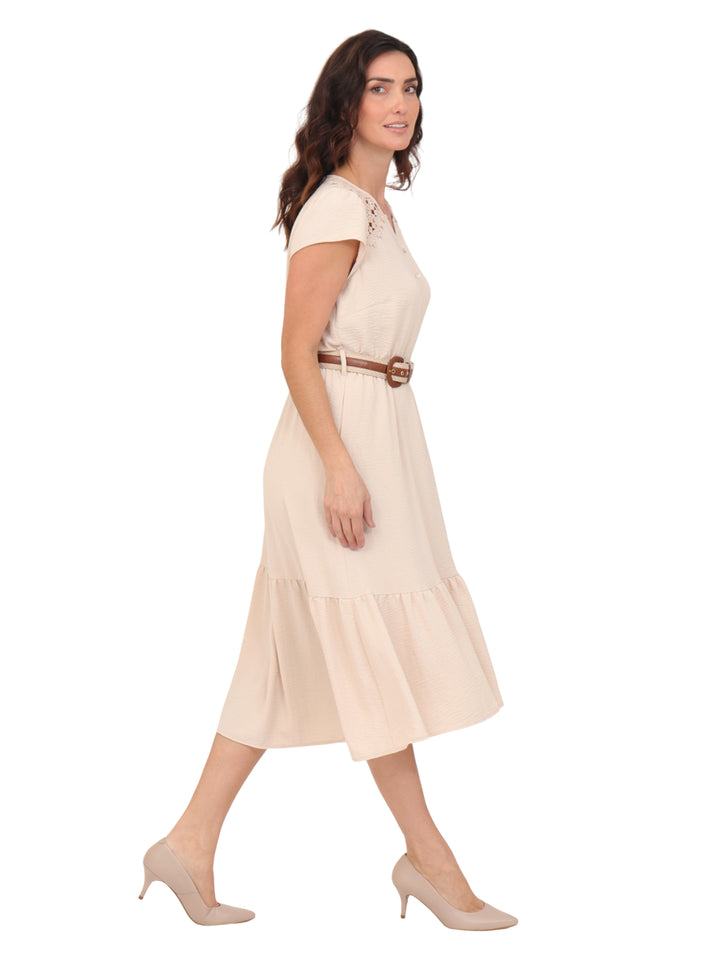 Vestido  Cuello Redondo con Amarre, Manga Olán, Largo, Liso