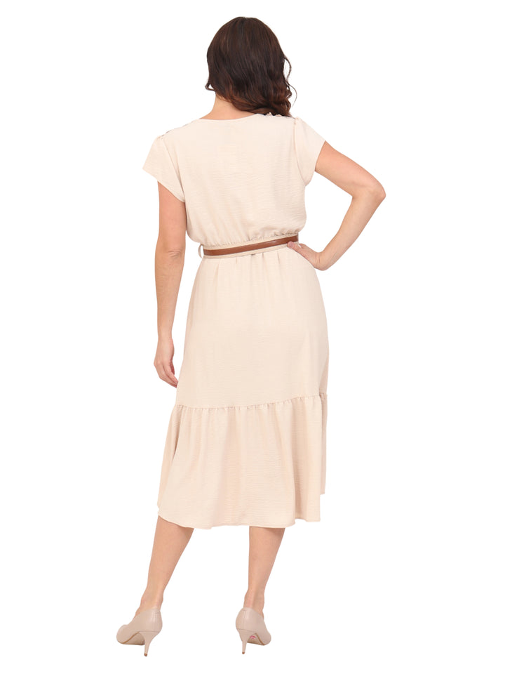 Vestido  Cuello Redondo con Amarre, Manga Olán, Largo, Liso