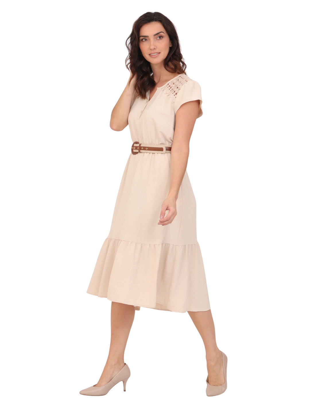 Vestido  Cuello Redondo con Amarre, Manga Olán, Largo, Liso