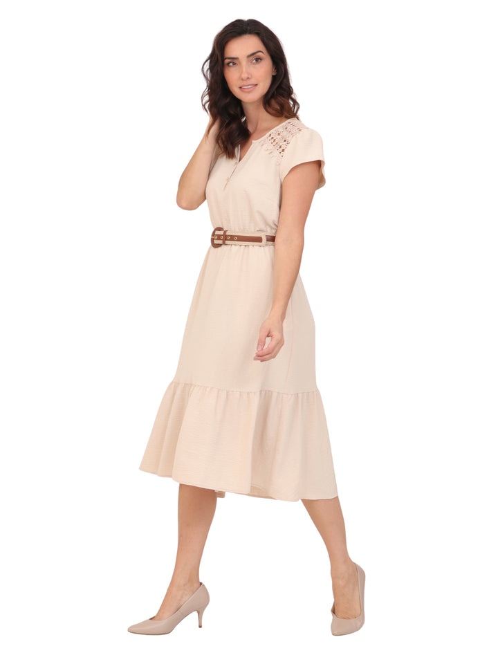 Vestido  Cuello Redondo con Amarre, Manga Olán, Largo, Liso