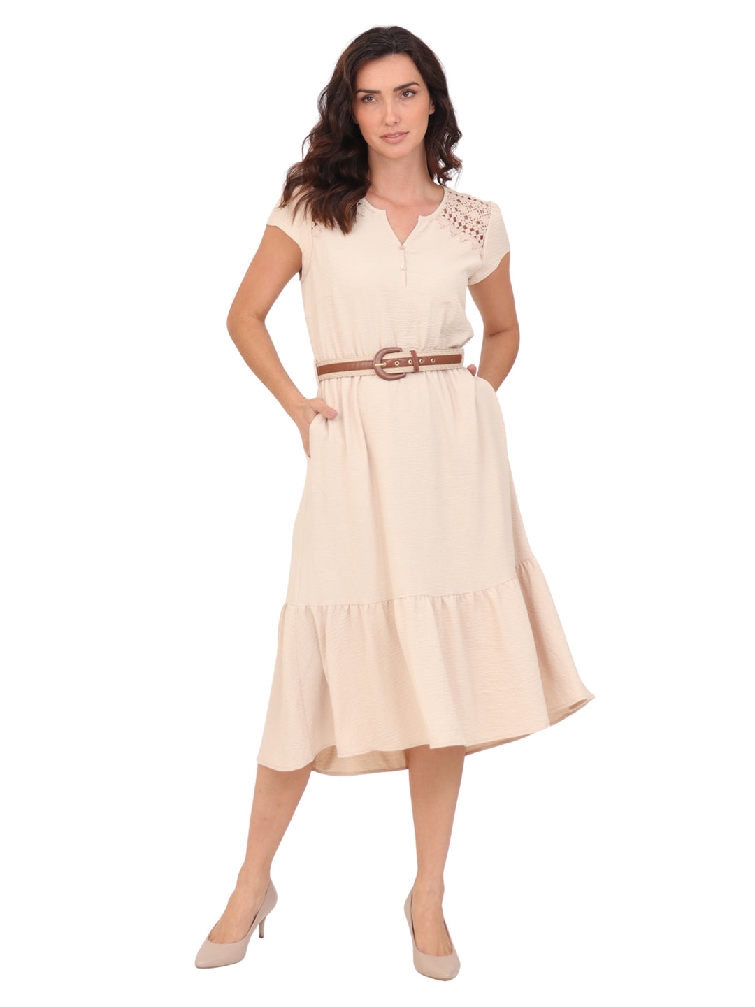 Vestido  Cuello Redondo con Amarre, Manga Olán, Largo, Liso