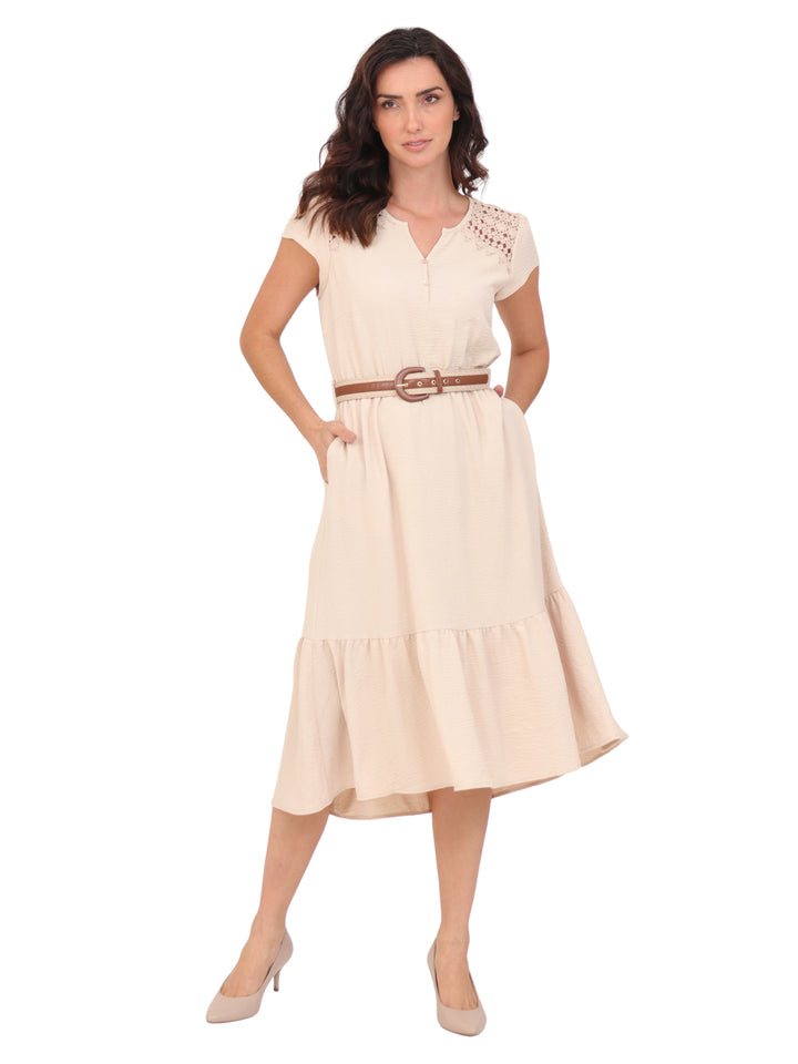 Vestido  Cuello Redondo con Amarre, Manga Olán, Largo, Liso