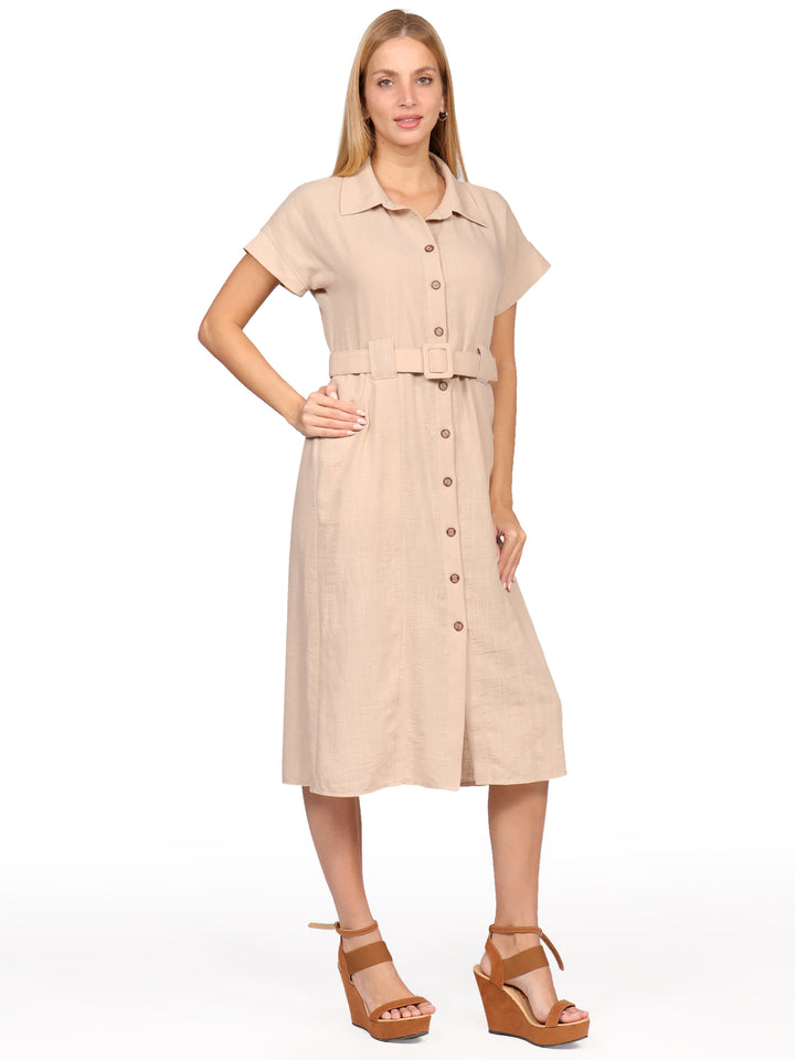 Vestido Camisero Midi, Manga Corta