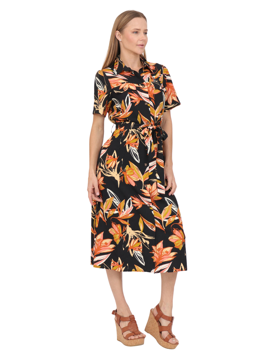 Vestido  Cuello V, Manga Corta, Botones al Frente, Estampado