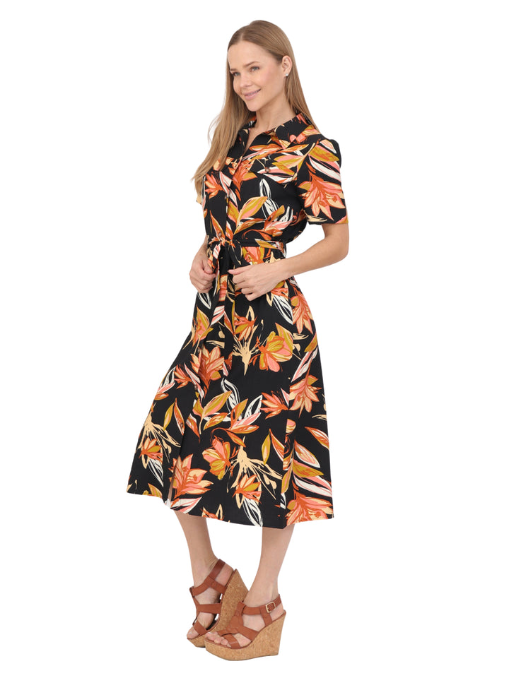 Vestido  Cuello V, Manga Corta, Botones al Frente, Estampado