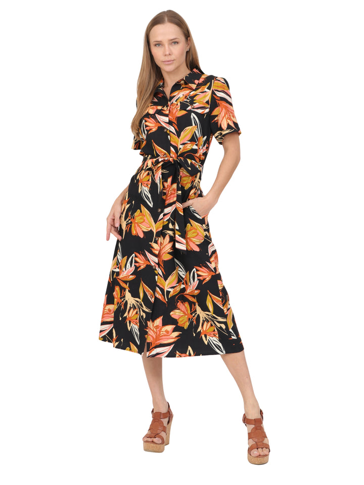 Vestido  Cuello V, Manga Corta, Botones al Frente, Estampado