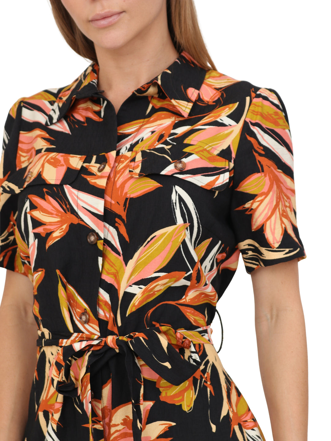 Vestido  Cuello V, Manga Corta, Botones al Frente, Estampado