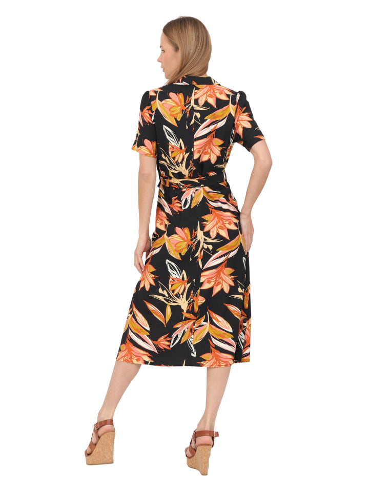Vestido  Cuello V, Manga Corta, Botones al Frente, Estampado