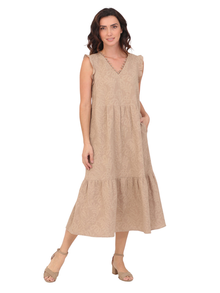 Vestido  Cuello V, Manga Olán,Largo, Estampado, Algódon