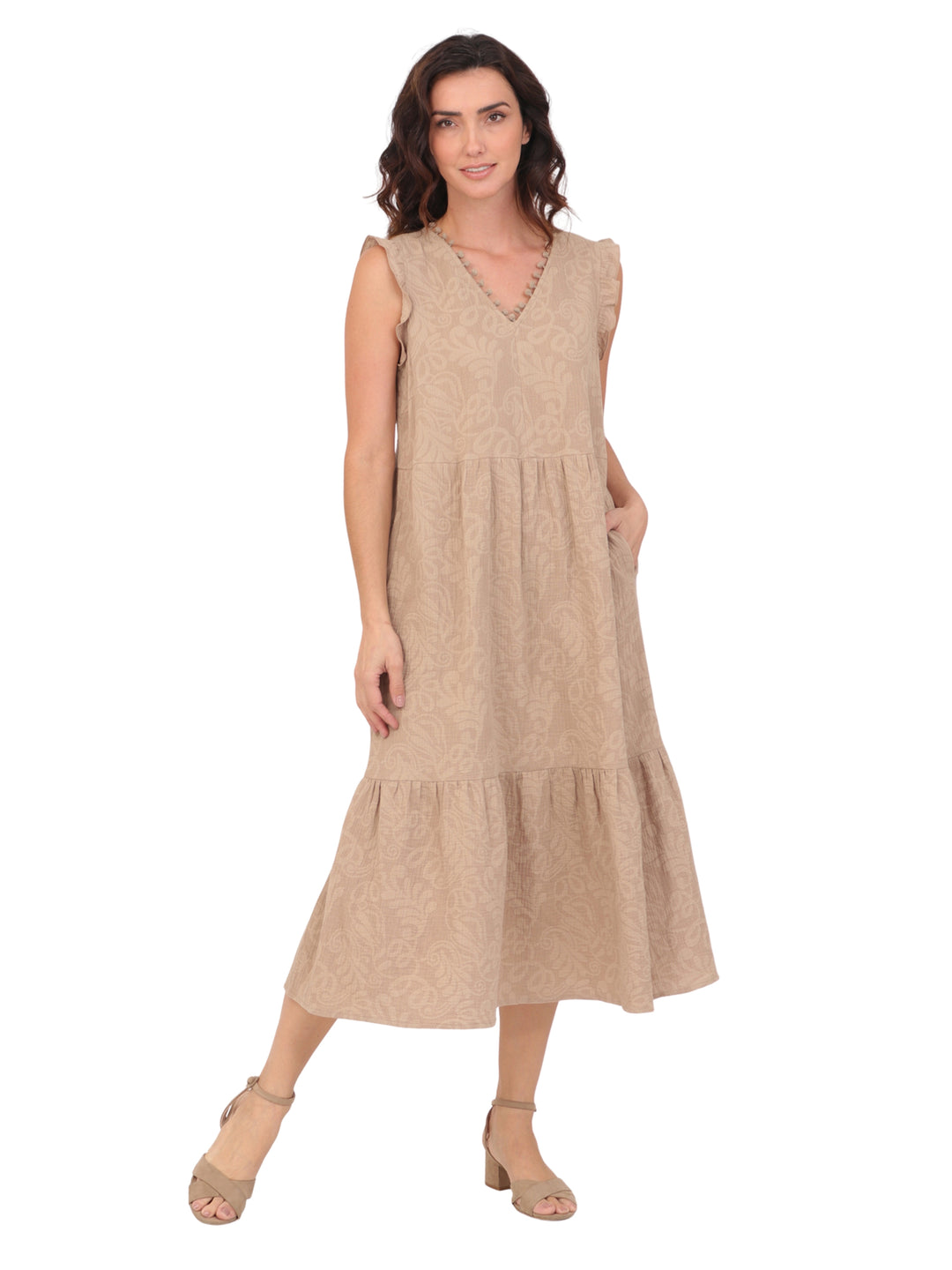 Vestido  Cuello V, Manga Olán,Largo, Estampado, Algódon