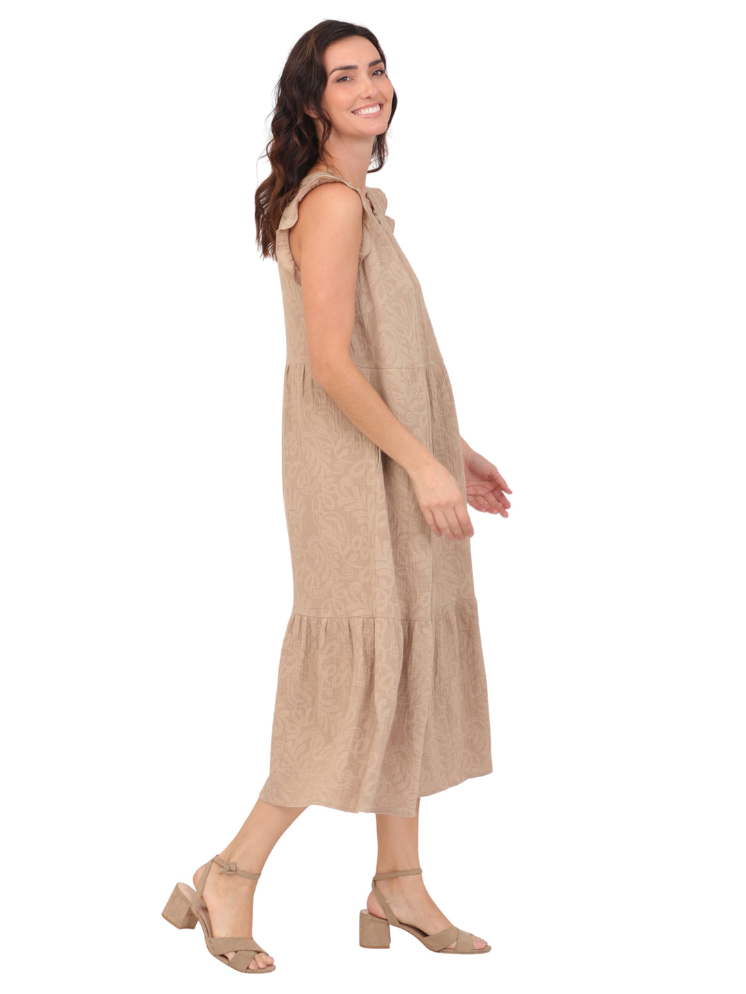 Vestido  Cuello V, Manga Olán,Largo, Estampado, Algódon