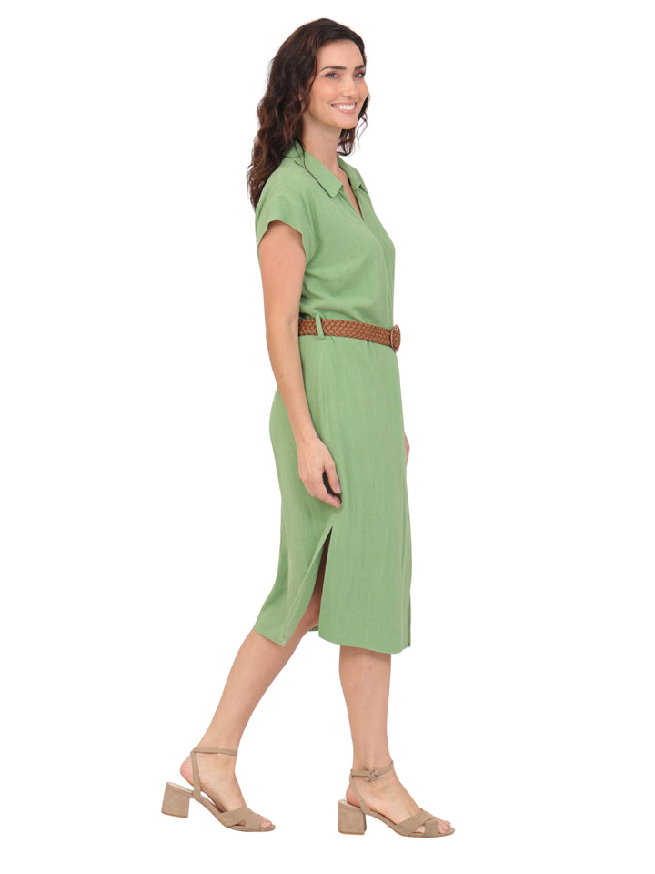 Vestido  Cuello  Camisero, Sin Manga , Botones al Frente , Liso