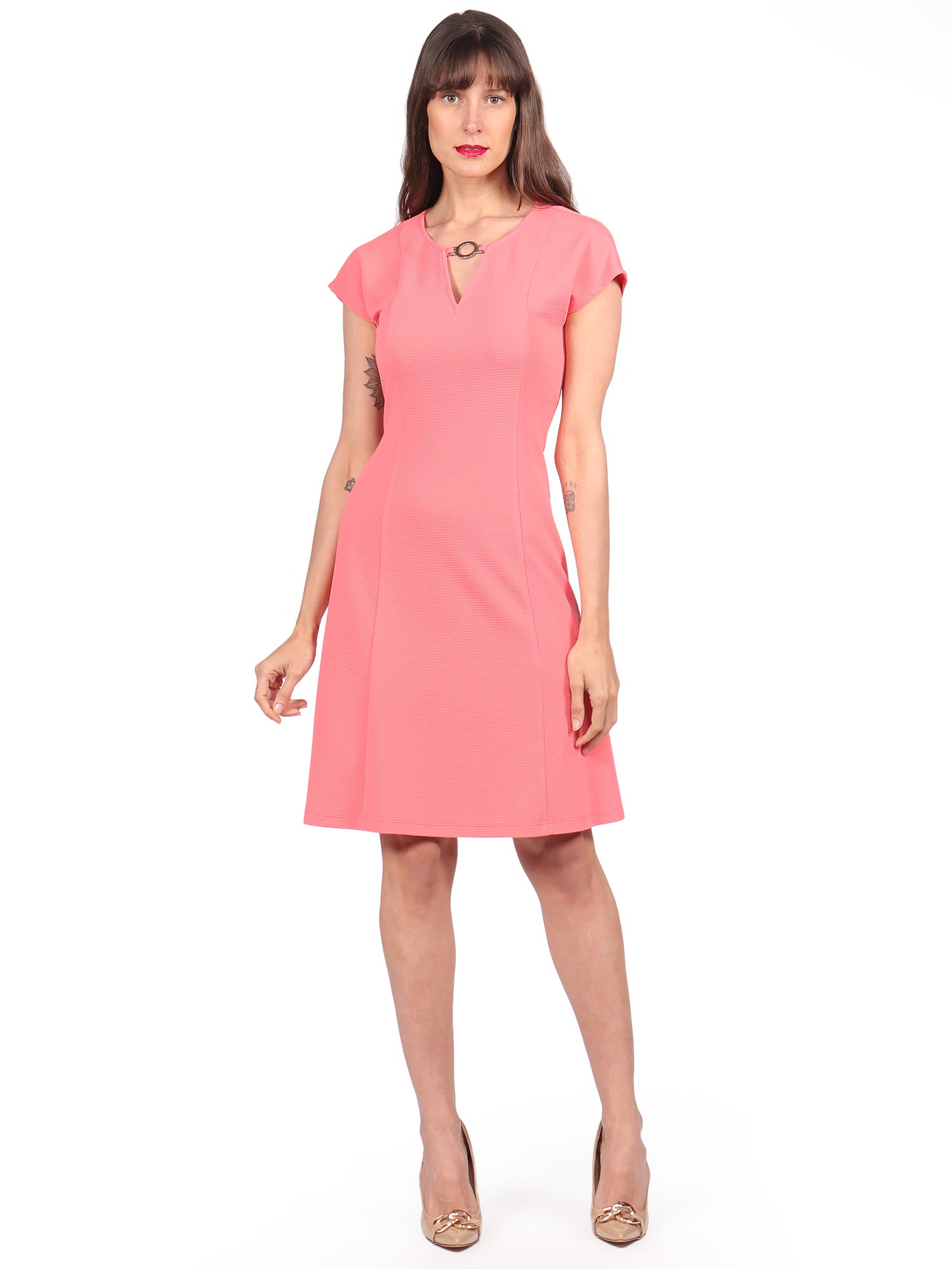 Vestido Cuello Redondo Manga Corta 30 Coral