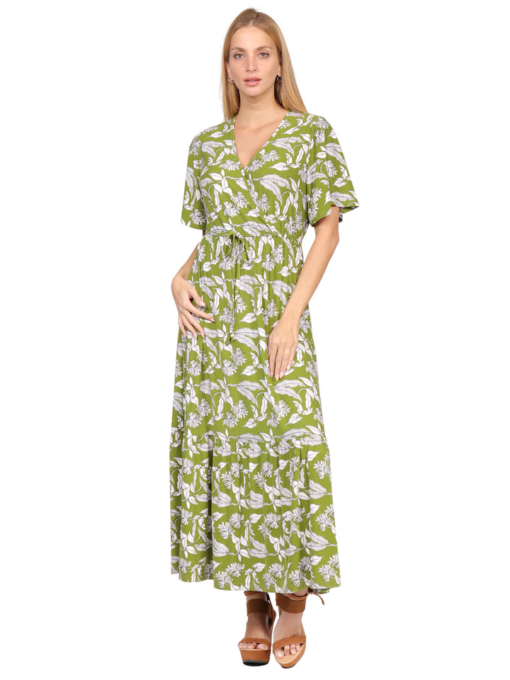 Vestido Cuello V, Cruzado, Amarre en la Cintura, Estampado