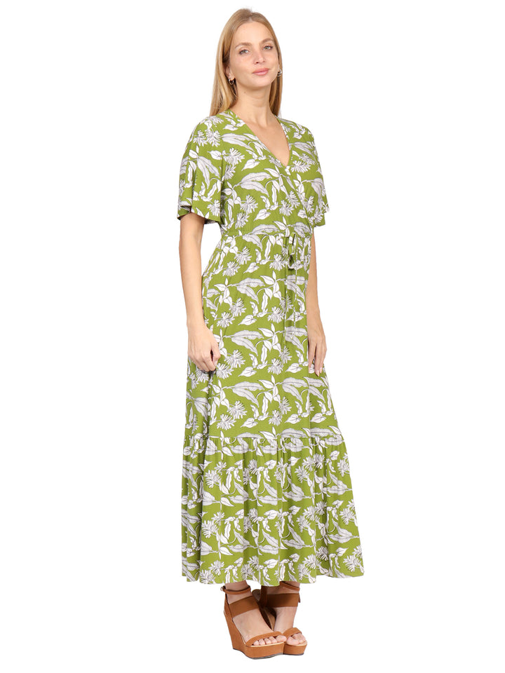 Vestido Cuello V, Cruzado, Amarre en la Cintura, Estampado