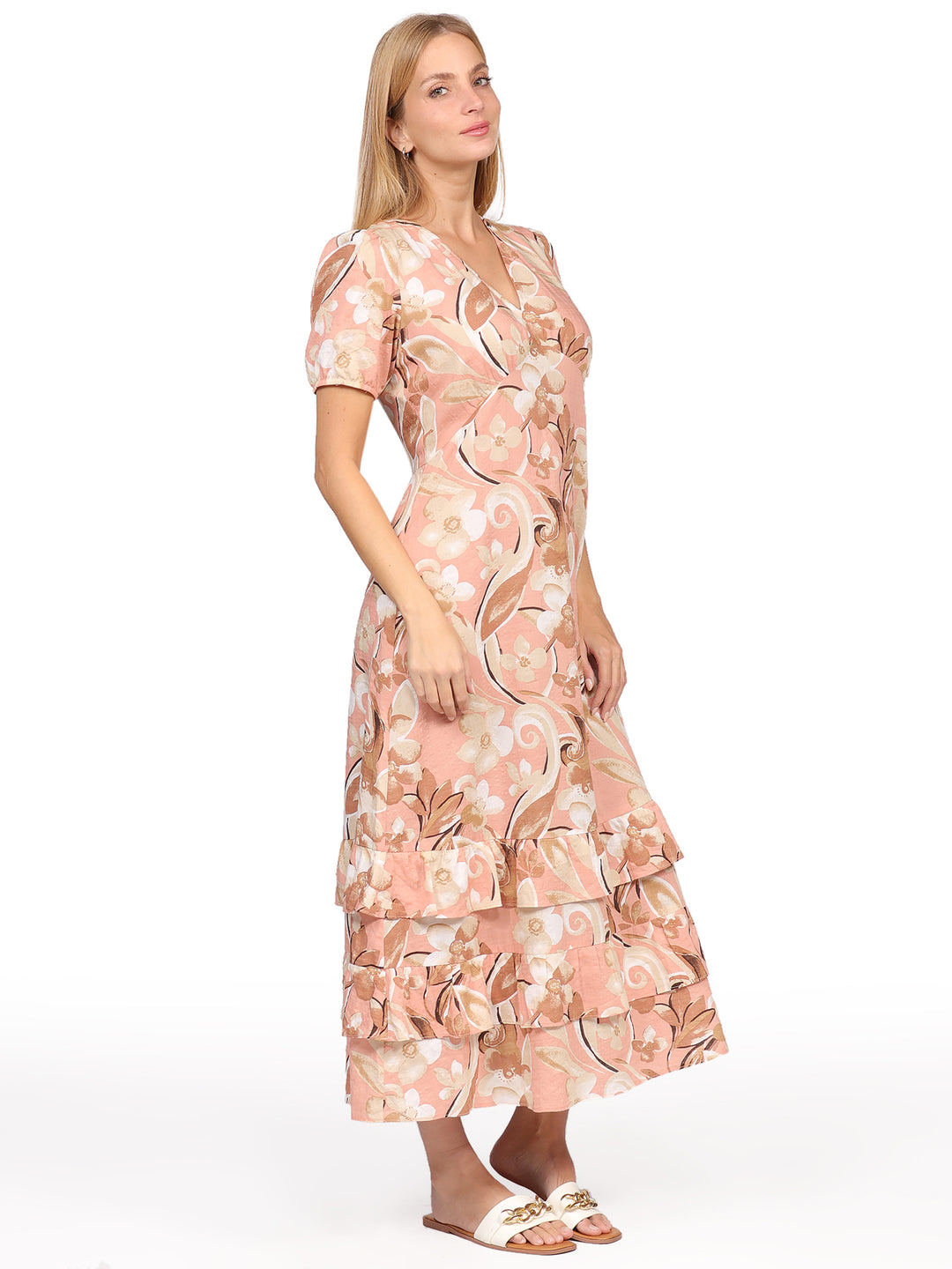 Vestido Largo, Cuello en V,  Manga Corta, Estampado,  Con Olanes