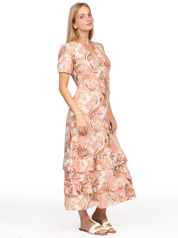 Vestido Largo, Cuello en V,  Manga Corta, Estampado,  Con Olanes