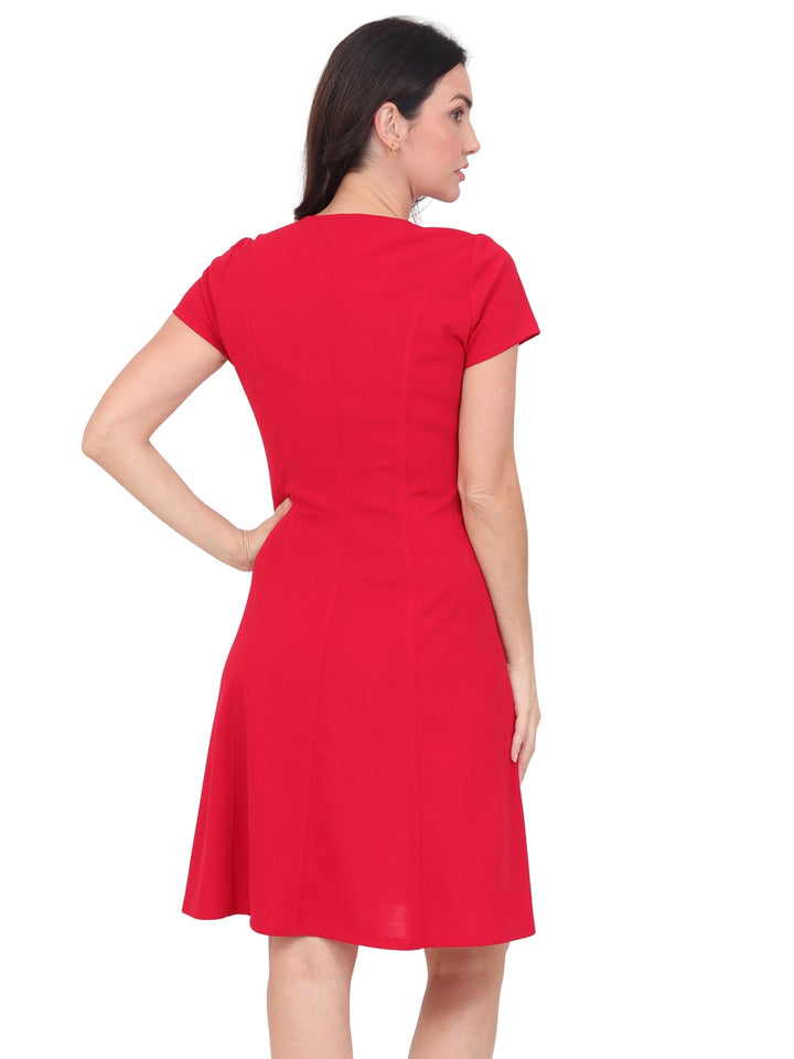 Vestido Cuello V, Manga Corta, Liso,Con Aplicación en la Cintura