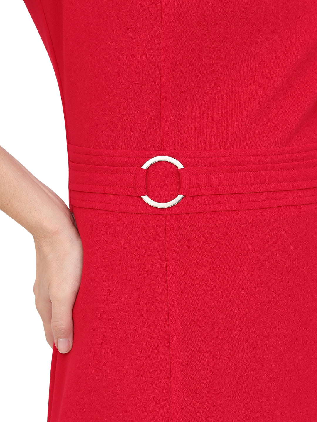 Vestido Cuello V, Manga Corta, Liso,Con Aplicación en la Cintura